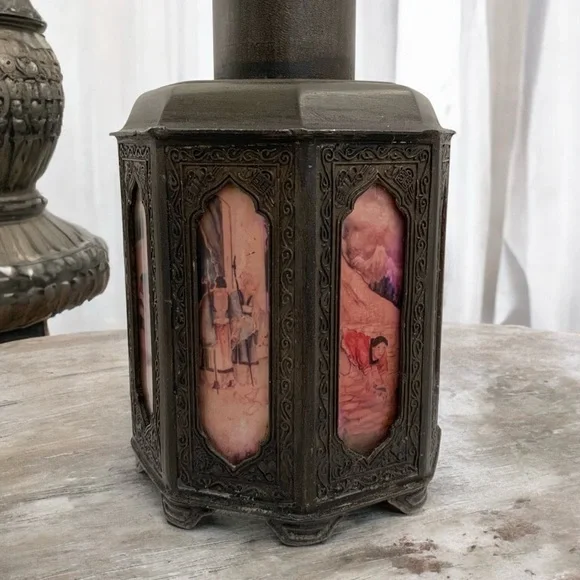 Early 1900's Chinese Shantou Pewter Tea Caddy With Reverse Painted Glass Panels - Picture 7 of 10